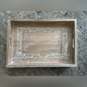 Elegant whitewash tray from Haverty’s.